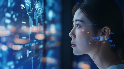 AI cybersecurity threat analysis, young Asian female expert examining data, futuristic IT visuals, AR and AI interface, side view, copy space