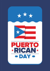 Puerto Rican Day. National happy holiday. Festival and parade in honor of independence and freedom. Puerto Rico flag. Latin american country. Patriotic elements. Vector poster illustration