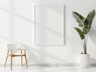 Minimalist backdrop blank frame mockup, plant, chair