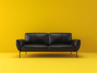 Fototapeta premium Room interior black sofa against vibrant yellow backdrop