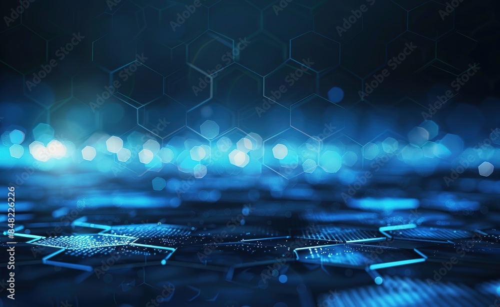 Poster futuristic neon hexagonal grid with bright central dot - abstract technology background