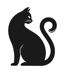 Black silhouette of cat looking back, isolated on white background. Flat vector illustration