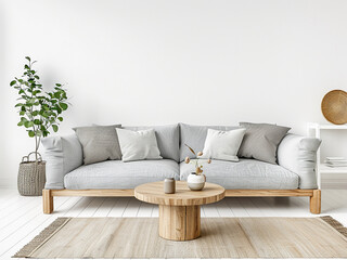Grey sofa adorned with cushions, accompanied by a wooden table, graces a white living space
