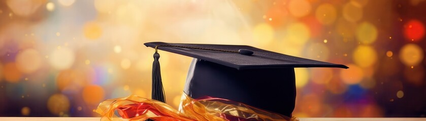 Graduation cap and diploma, focus on, academic achievement, vibrant, overlay, university backdrop
