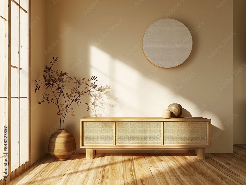 Aufkleber in a modern empty room, japanese minimal design is emphasized with a cabinet in 3d rendering