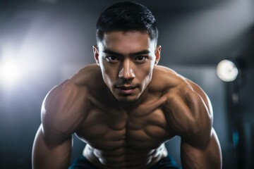 Fototapeta premium A man with no shirt on squatting down in a dark room, AI