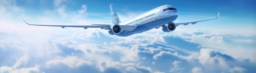 Fototapeta premium Airplane soaring above the clouds, close up, aviation marvel, ethereal, composite, blue sky backdrop