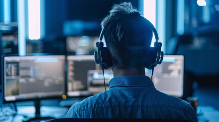 E-commerce call center agent using computer with headphones for sales, customer care, and telecom virtual assistance.