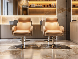 Empty modern nail salon features chairs for manicure and pedicure masters