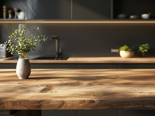 The modern kitchen boasts a clean wooden table, adding warmth to the interior space