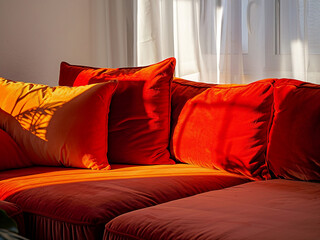 A warm living room features a red corner sofa adorned with cushions, positioned by a window