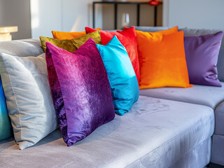 Examining the details, a grey sofa invites relaxation with its vibrant assortment of pillows