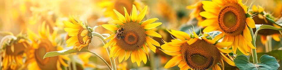field of bright yellow sunflowers facing the sun © neirfy