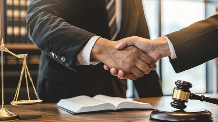 Confident lawyer and delighted client shake hands at court office after legal consultation, deal agreement, and successful negotiation.
