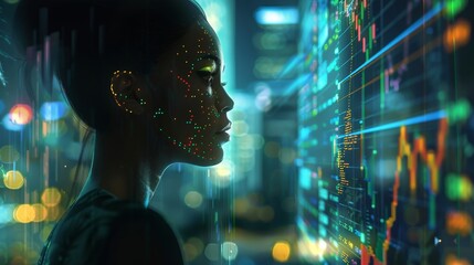 Computer hologram hud interface showing forex investment data analysis by a woman trader in a futuristic overlay