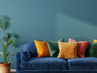 Vibrant pillows bring personality to the blue sofa in the living room setting