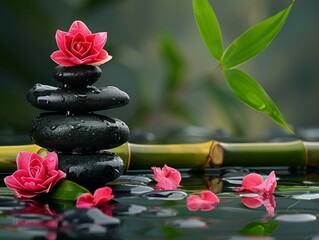 Obraz premium Hot stone and bamboo arrangement for spa therapy.