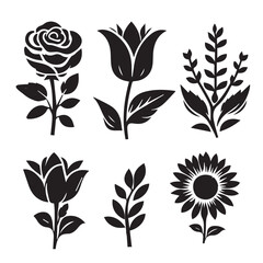  Set of decorative flowers icon. Flower silhouette.black and white Vector illustration.