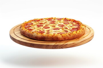 Flying wooden board with tasty pizza margarita on white background