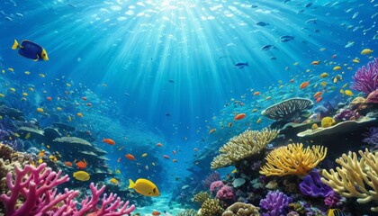 A stunning underwater scene featuring a vibrant coral reef filled with colorful tropical fish. The sunlight filtering through the water creates a beautiful, lively environment, ideal for themes of