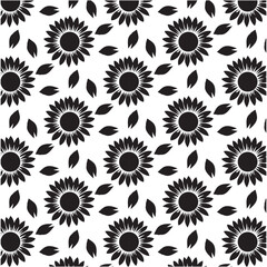 Black flowers seamless pattern,vector illustration hand drawn style, floral doodle background, minimal botanical art.
