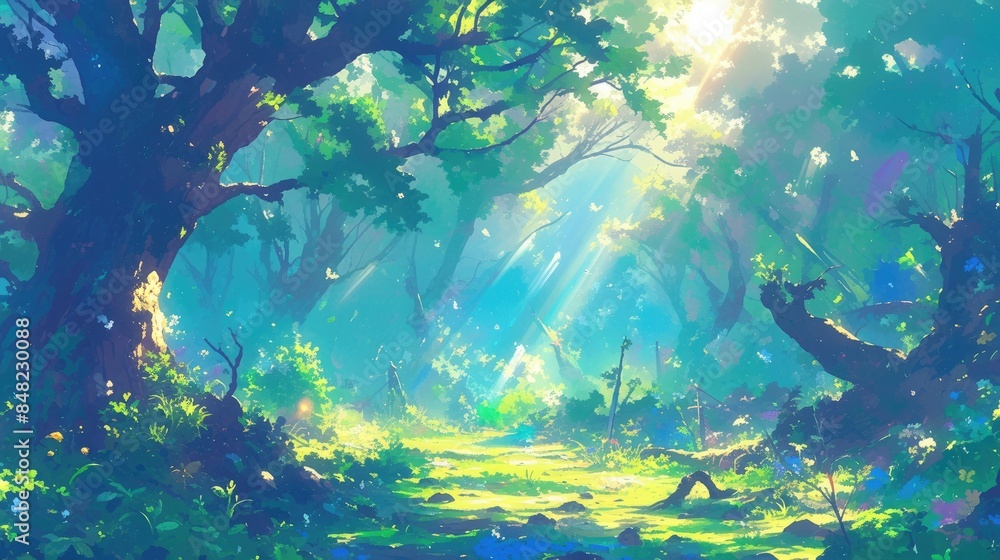 Sticker an enchanting summer forest bathed in sunlight depicted in a vibrant 2d illustration in eps 10 forma