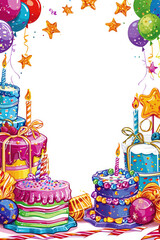 Naklejka premium Colorful Birthday Celebration Background with Balloons, Cakes, and Candles - Festive Party Design for Invitations, Greeting Cards, and Event Decorations