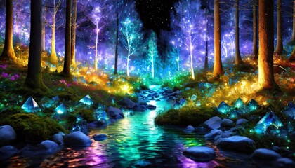 fantasy mineral crystal forest that glow at night