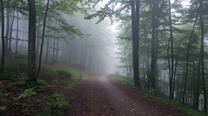 Naklejka premium The foggy interior of a forest creates an enchanting and mysterious atmosphere.
