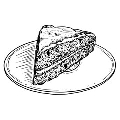 Piece of cake on plate sketch. Sweet dessert in cafe. Festive treat. Junk food. Baked sponge cake. Hand drawn vector line illustration.