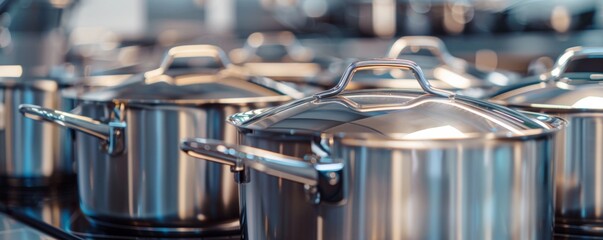 Shiny stainless steel pots and pans in luxury restaurant kitchen, banner. Generative AI...