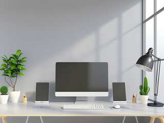 Fototapeta premium Create in comfort with a contemporary computer setup by a bedroom window
