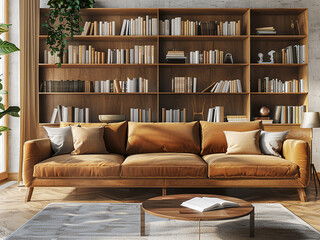 Envision a minimalist living room design, complete with a sofa and sleek bookcase, rendered in 3D