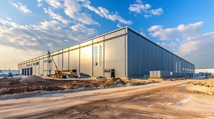 A large building with a crane on the ground in front of it