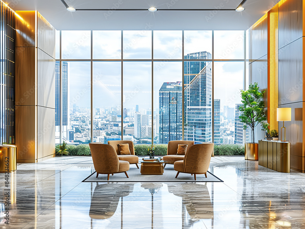 Poster soft chairs and a sofa create a comfortable waiting space in a modern lobby