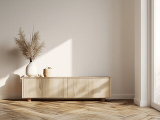 Panoramic living room showcases modern design with wood and beige furniture