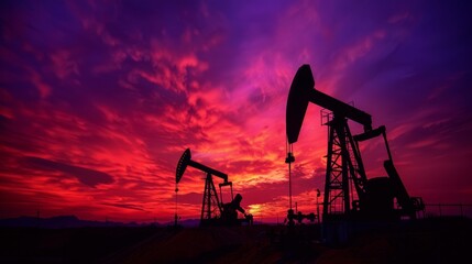 The oil pumpjacks at sunset