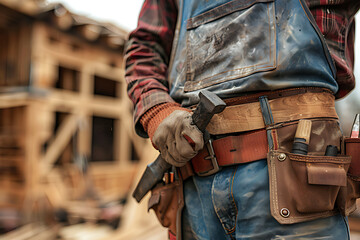 Construction worker equipped with a tool belt stands in front of a partially built house