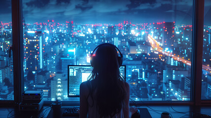 A lofi girl sitting at her desk working with a beautiful view out of the window, headphones, coding, manga style, comic style, anime style, 4K, 16:9