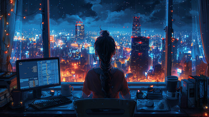 A lofi girl sitting at her desk working with a beautiful view out of the window, headphones, coding, manga style, comic style, anime style, 4K, 16:9