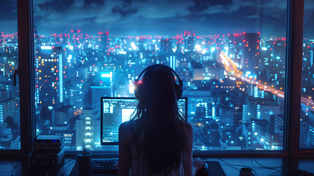 A lofi girl sitting at her desk working with a beautiful view out of the window, headphones, coding, manga style, comic style, anime style, 4K, 16:9