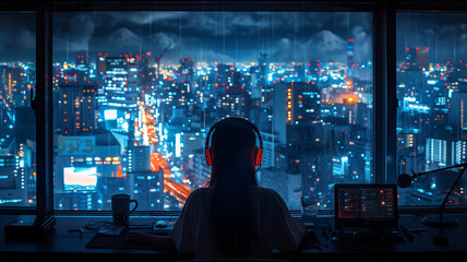 A lofi girl sitting at her desk working with a beautiful view out of the window, headphones, coding, manga style, comic style, anime style, 4K, 16:9