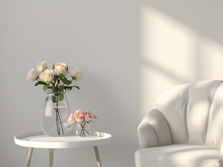 Vintage armchair beside a jar of roses on a small white table