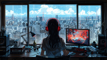 A lofi girl sitting at her desk working with a beautiful view out of the window, headphones, coding, manga style, comic style, anime style, 4K, 16:9