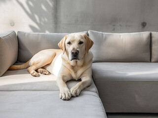 Labrador pup enjoying relaxation on a sofa in a bright, airy living space