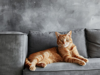 Gray sofa becomes the favored spot for a red cat's relaxation in the living room