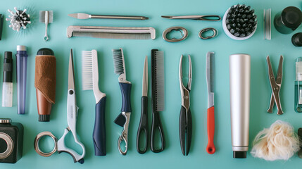 Pet grooming tools neatly arranged on a table
