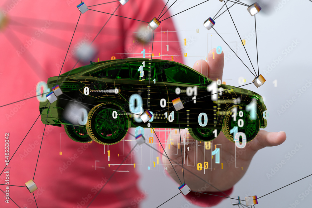 Poster autonomous car with hud graphic of navigation system driving