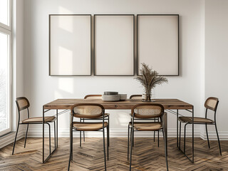 Rendered dining room displays a long table, four chairs, and framed pictures on a white wall