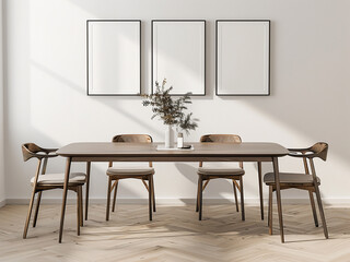 Long table, four chairs, framed pictures adorn a white-walled dining room - 3D render